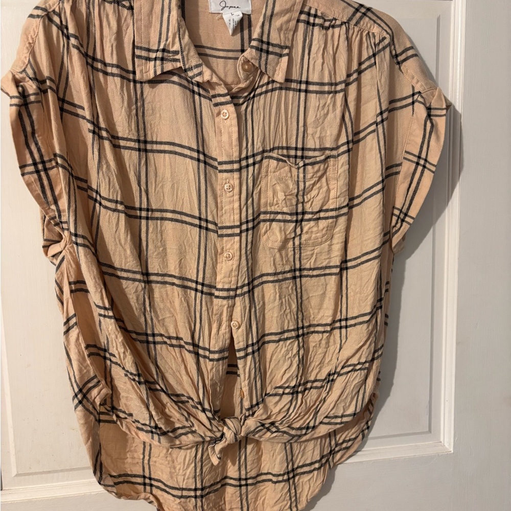 Chic Beige Plaid Button-Down Shirt